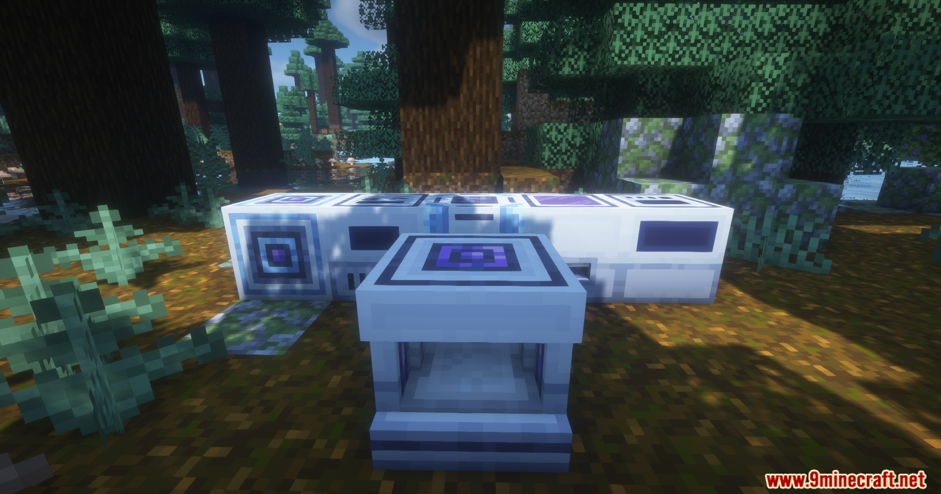 AE2 Overclocked Mod Screenshot 9 Row of Applied Energistics machines placed in a forest clearing