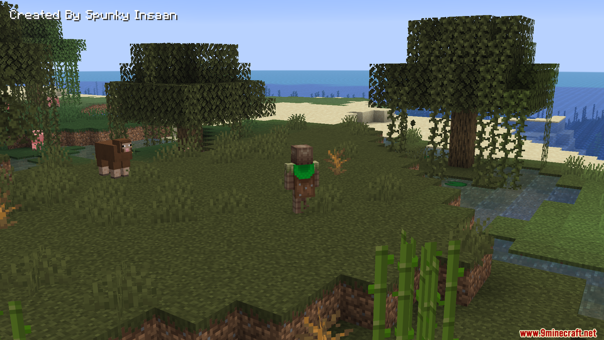 AFK Cinematics Mod Screenshot 1 A player character stands still in a swampy biome near the ocean