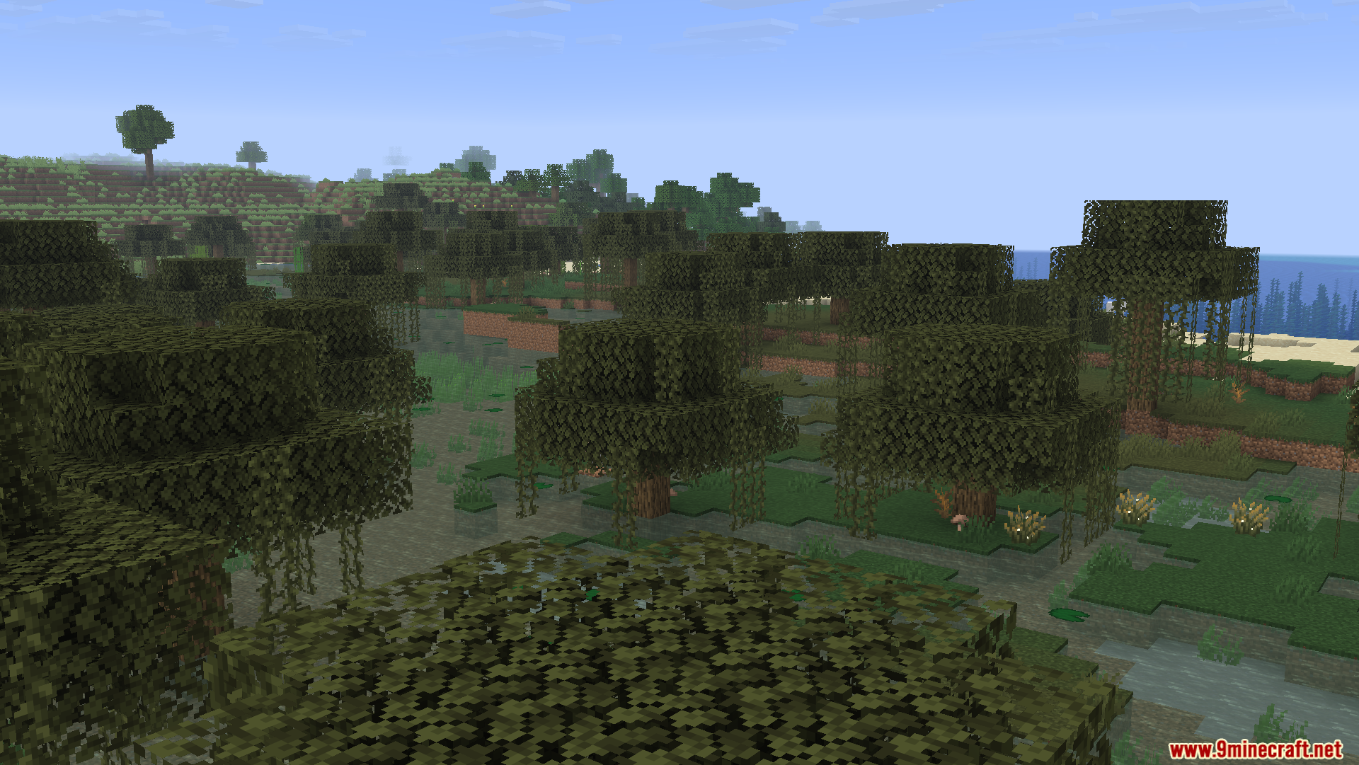 AFK Cinematics Mod Screenshot 5 A player stands on a tree in a swamp biome
