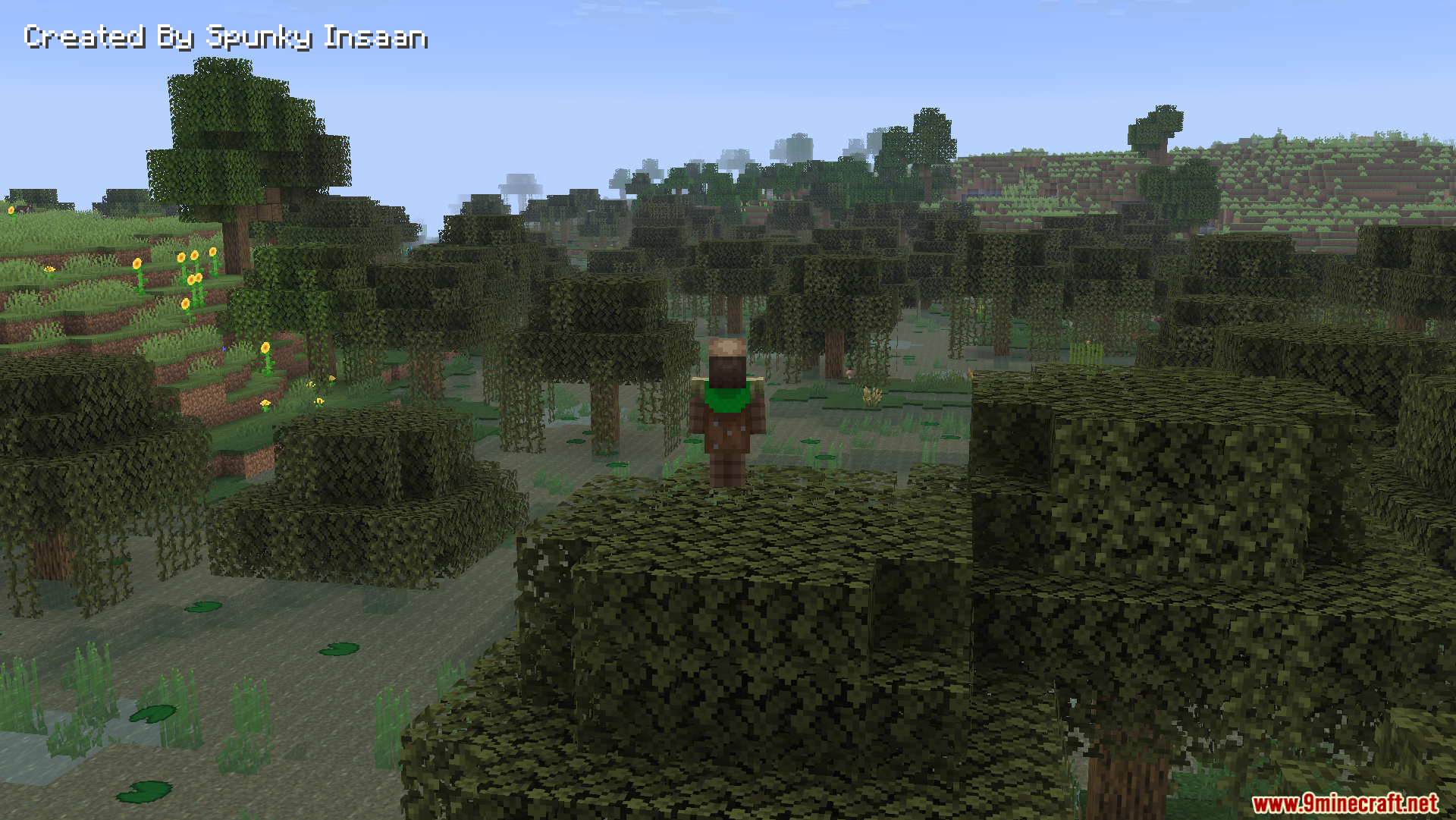 AFK Cinematics Mod Screenshot 6 A player stands on a tree in a swamp biome