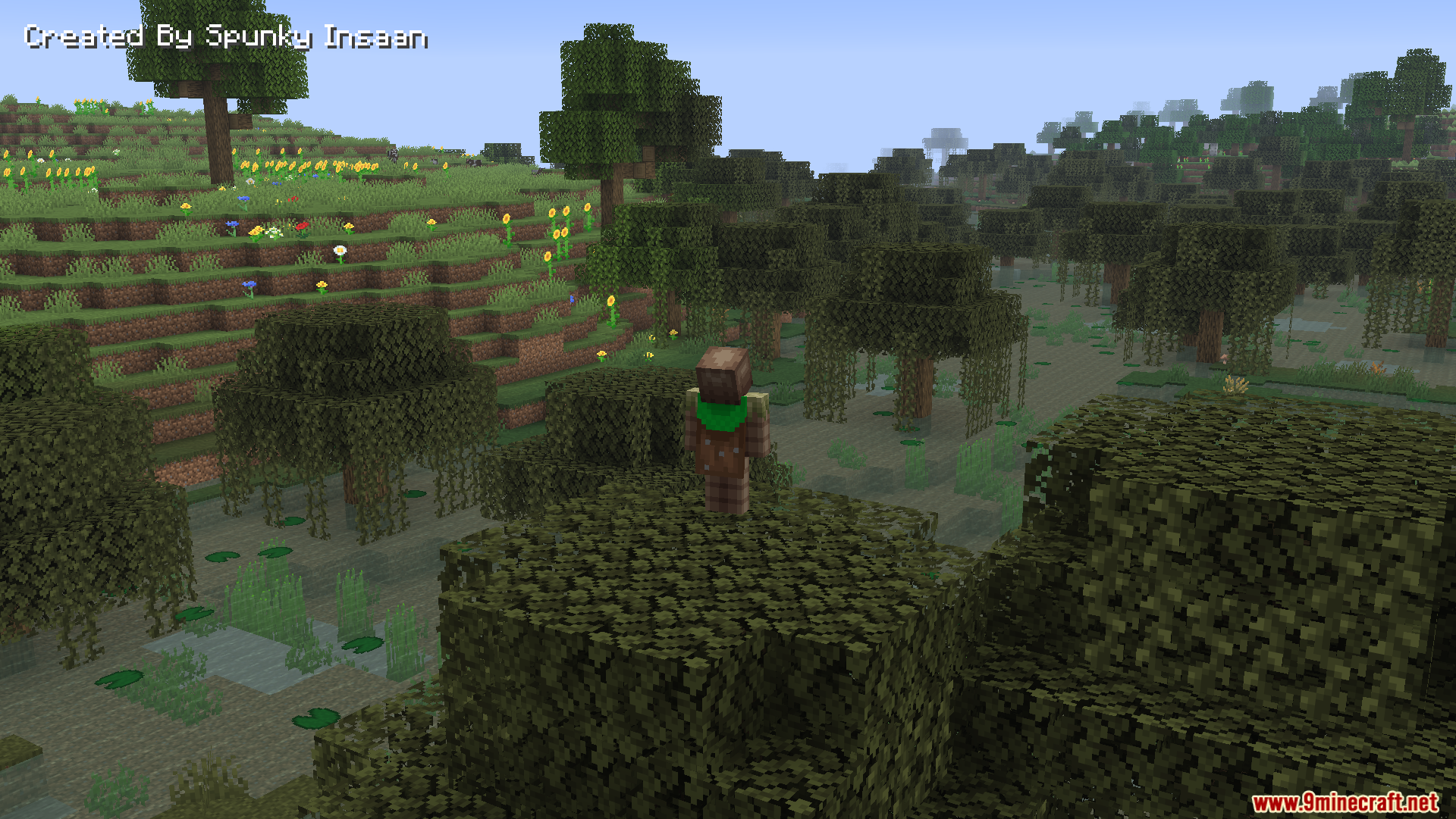 AFK Cinematics Mod Screenshot 8 Player character standing on a tree overlooking a swamp and plains