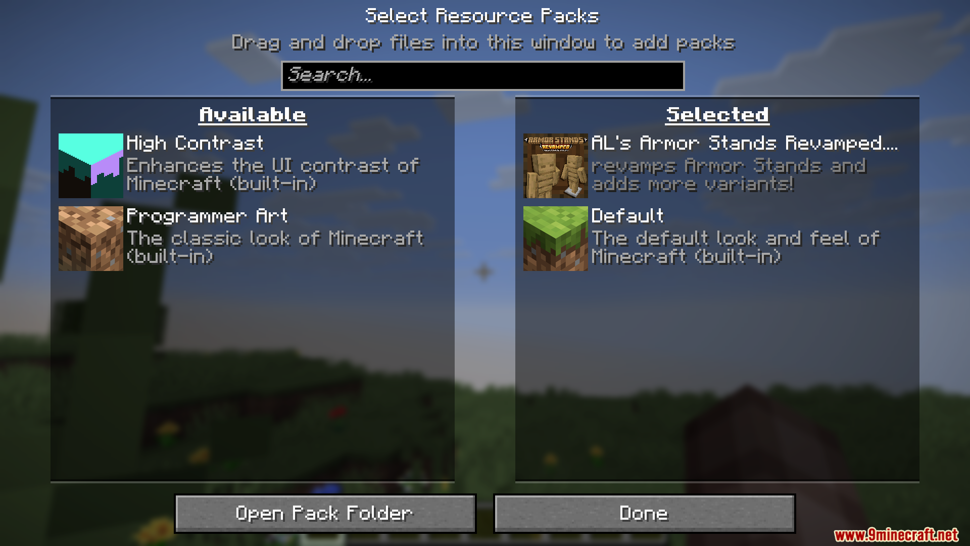 ALs Armor Stands Revamped Resource Pack Screenshot 1 Selecting the ALs Armor Stands Revamped resource pack in the menu