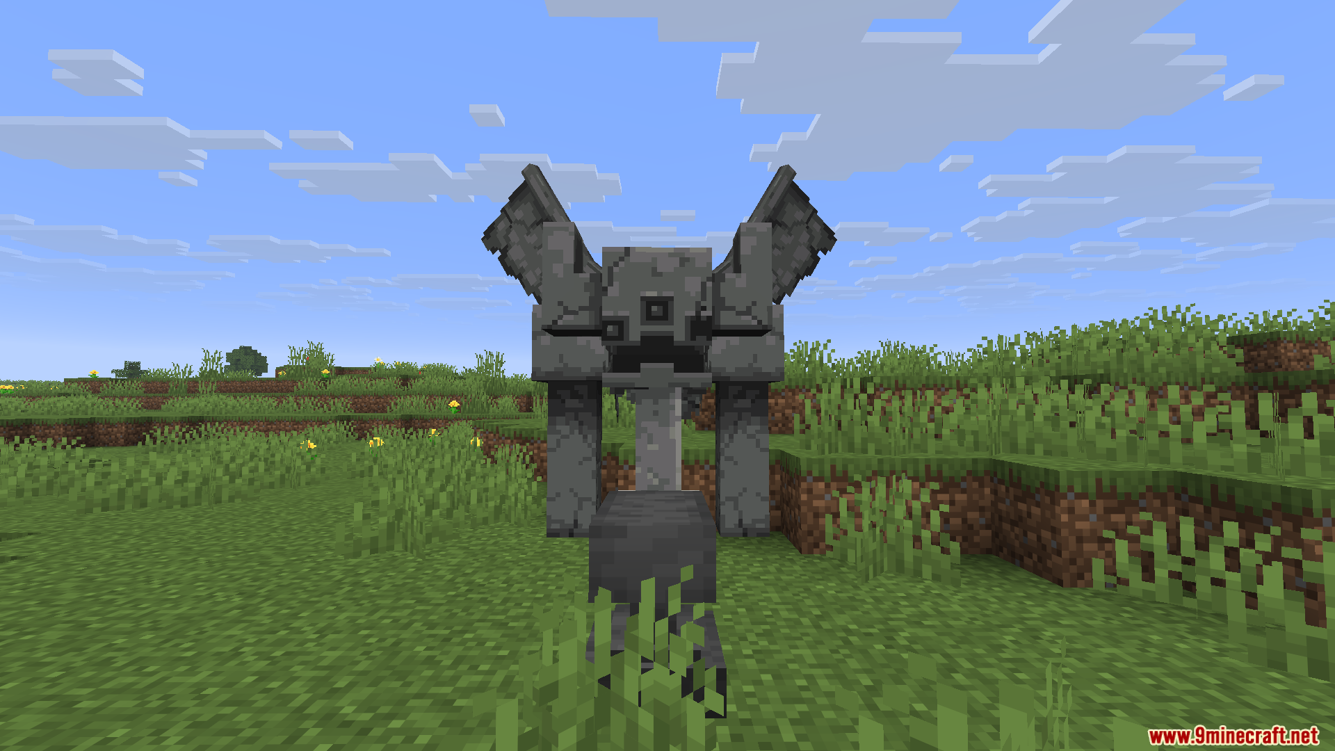 ALs Armor Stands Revamped Resource Pack Screenshot 10 Stone gargoyle statue custom armor stand placed in a green grassy field