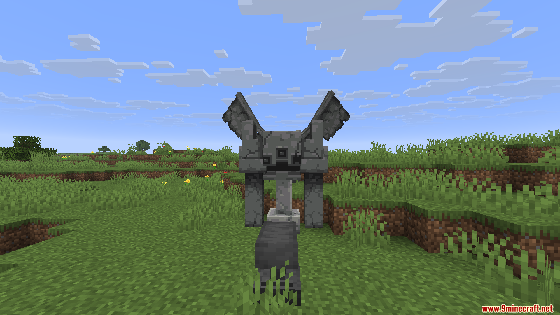ALs Armor Stands Revamped Resource Pack Screenshot 12 Front view of a stone gargoyle statue in a grassy Minecraft field