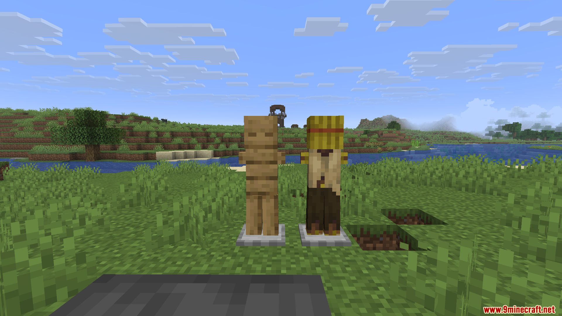 ALs Armor Stands Revamped Resource Pack Screenshot 4 A custom birch armor stand and a target dummy placed on grass