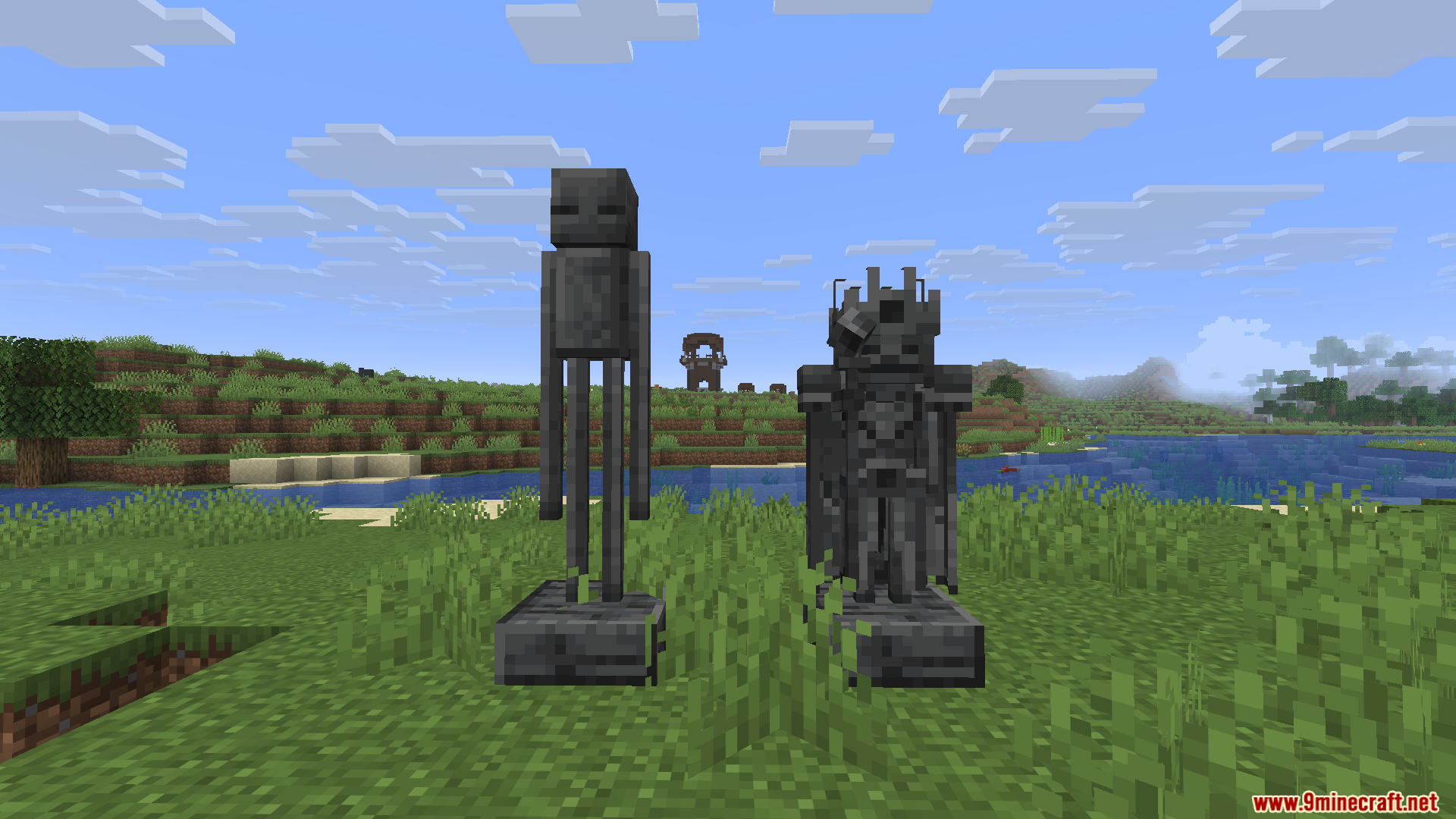 ALs Armor Stands Revamped Resource Pack Screenshot 5 Two custom stone armor stand statues placed in a grassy field