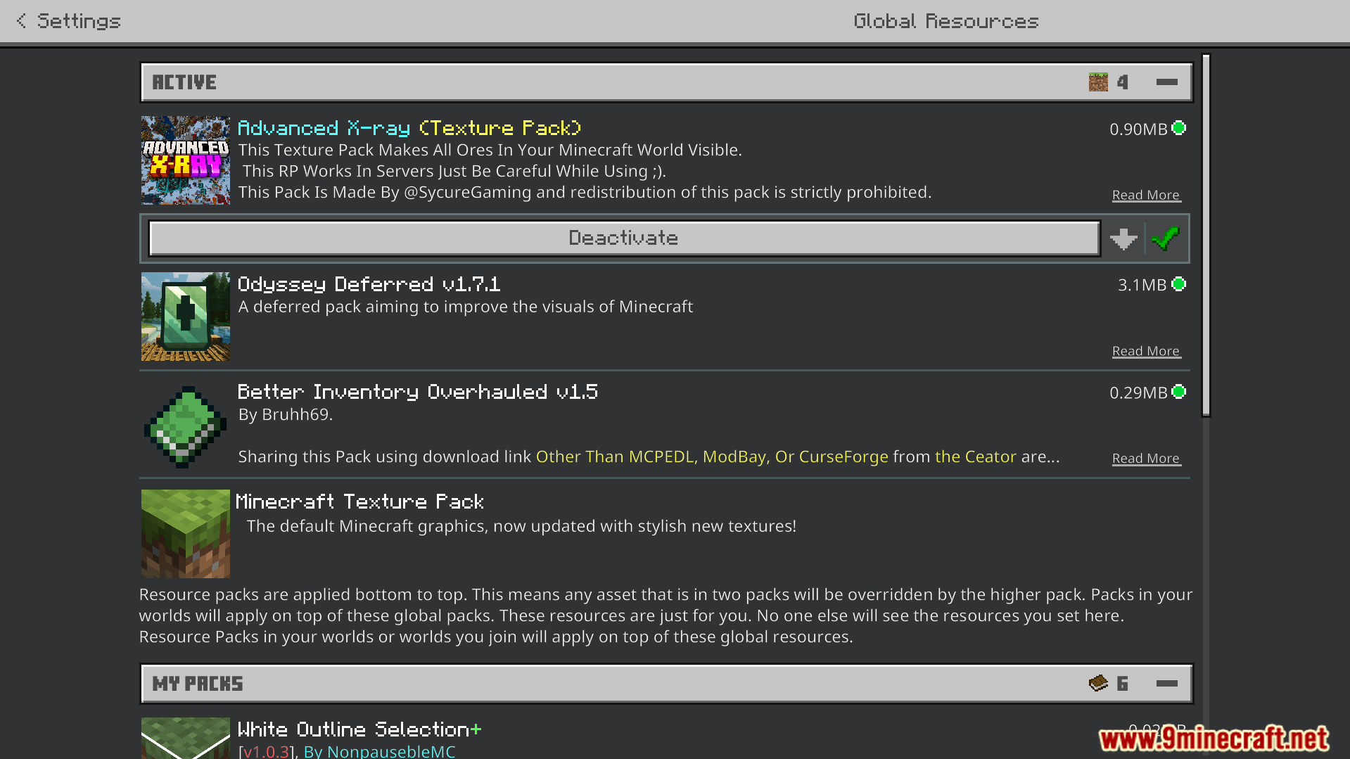 The texture pack is active in the global resources settings menu