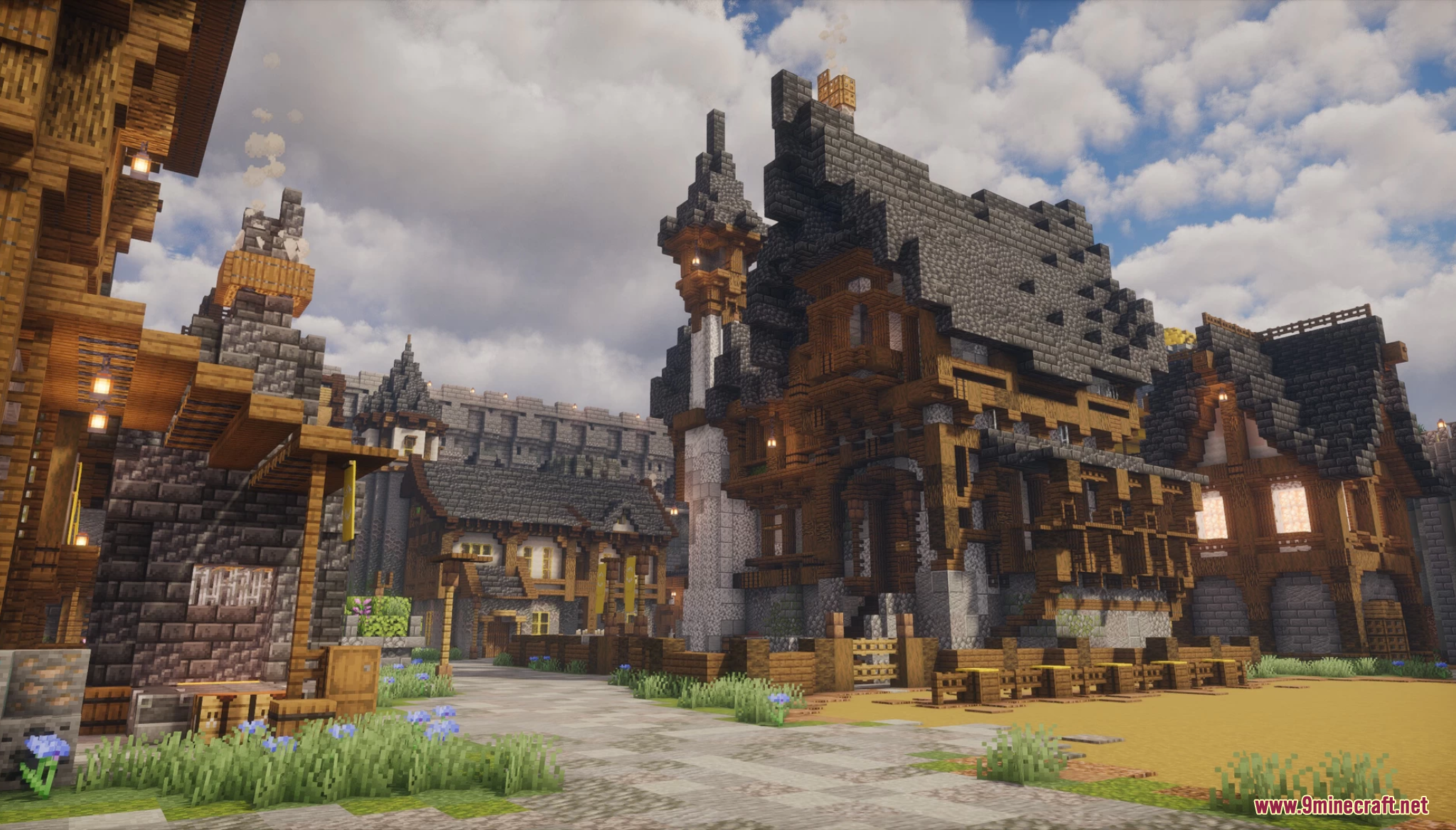 Intricate timber-framed houses in a medieval Minecraft city