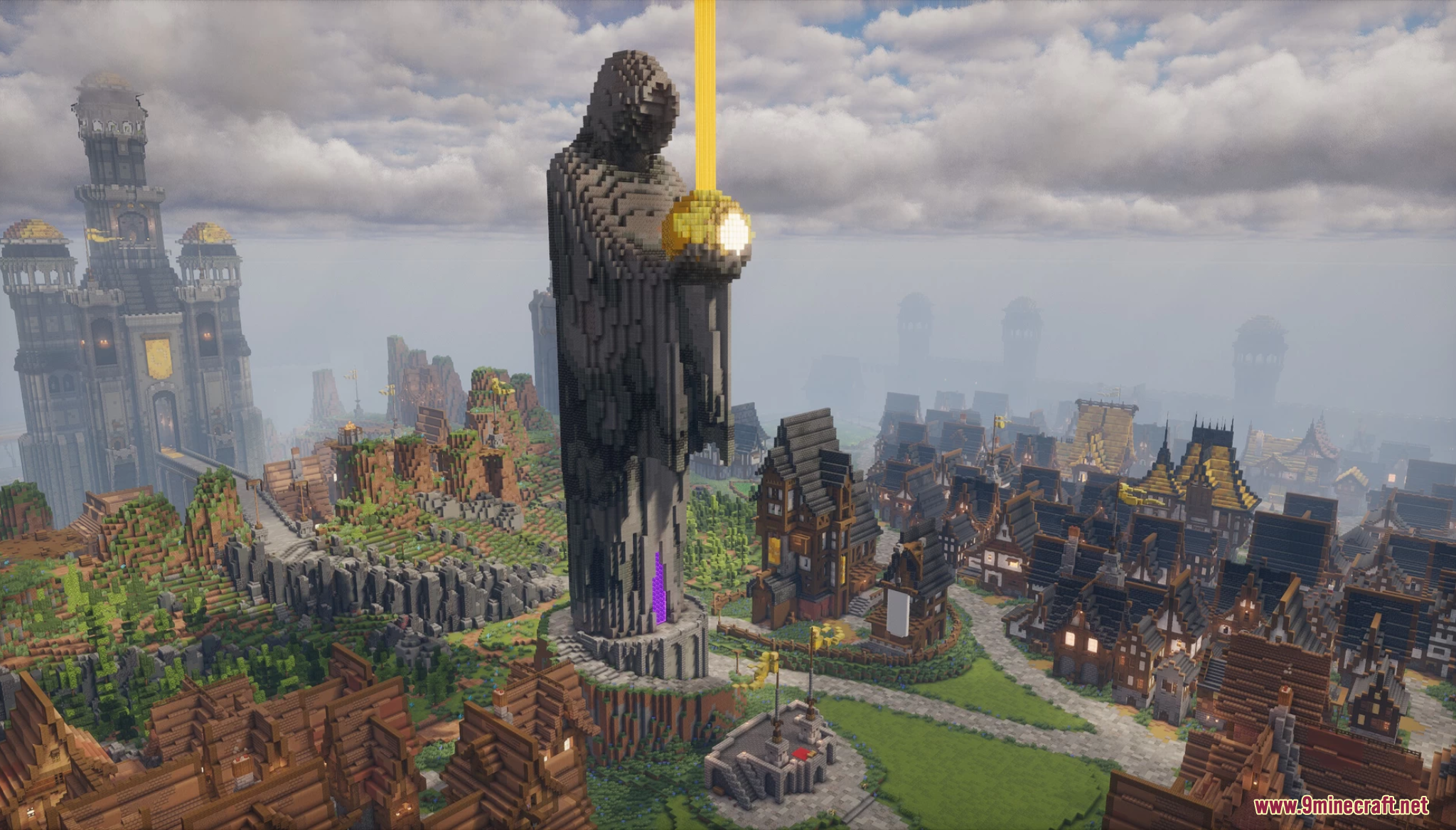 A giant hooded statue overlooks a sprawling medieval city