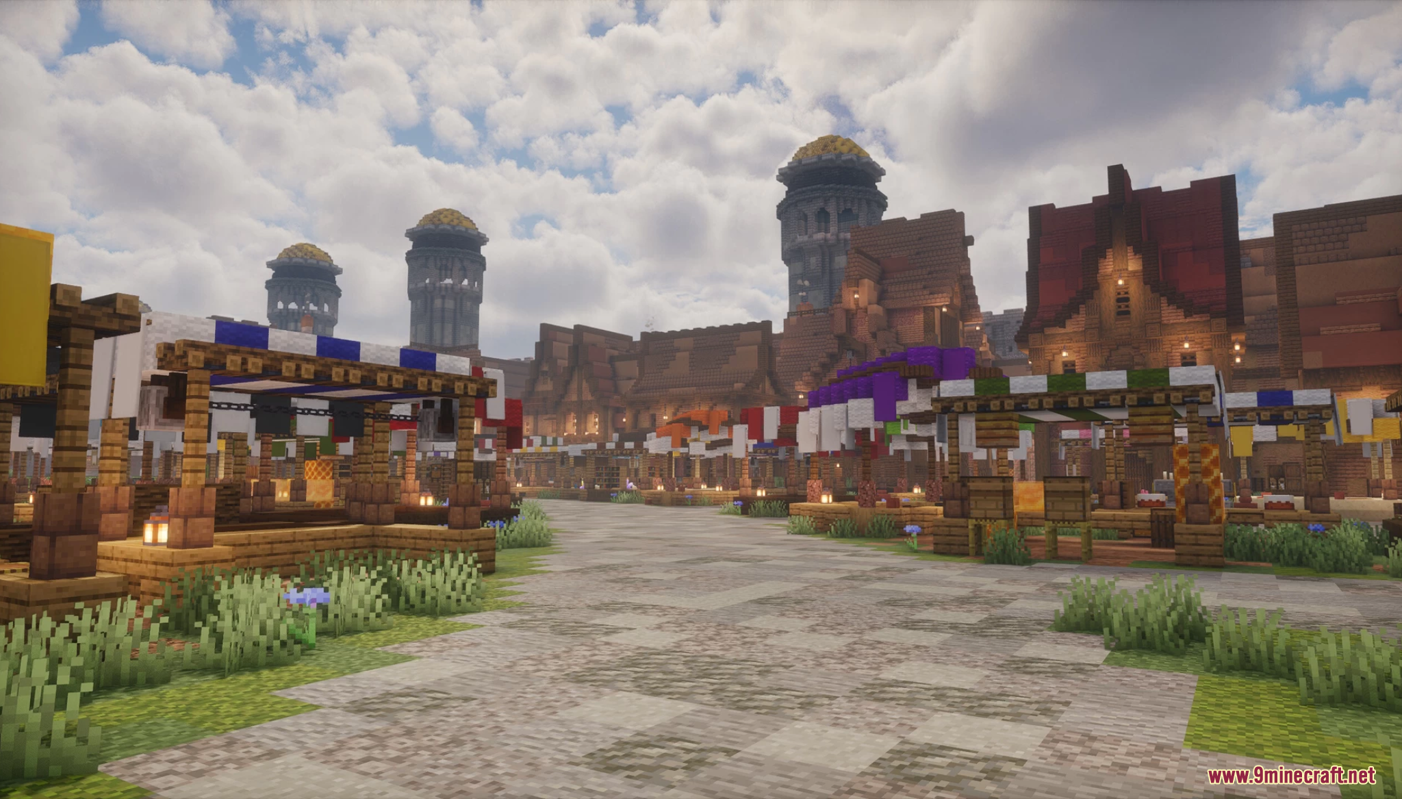 A bustling medieval marketplace with colorful stalls and cobblestone streets