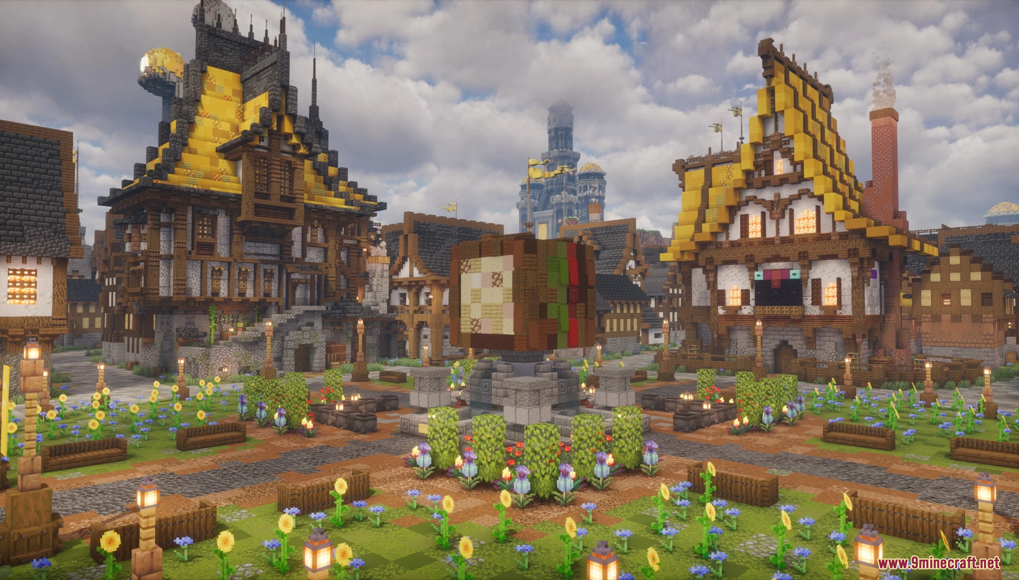 A bustling medieval town square with timber-framed houses
