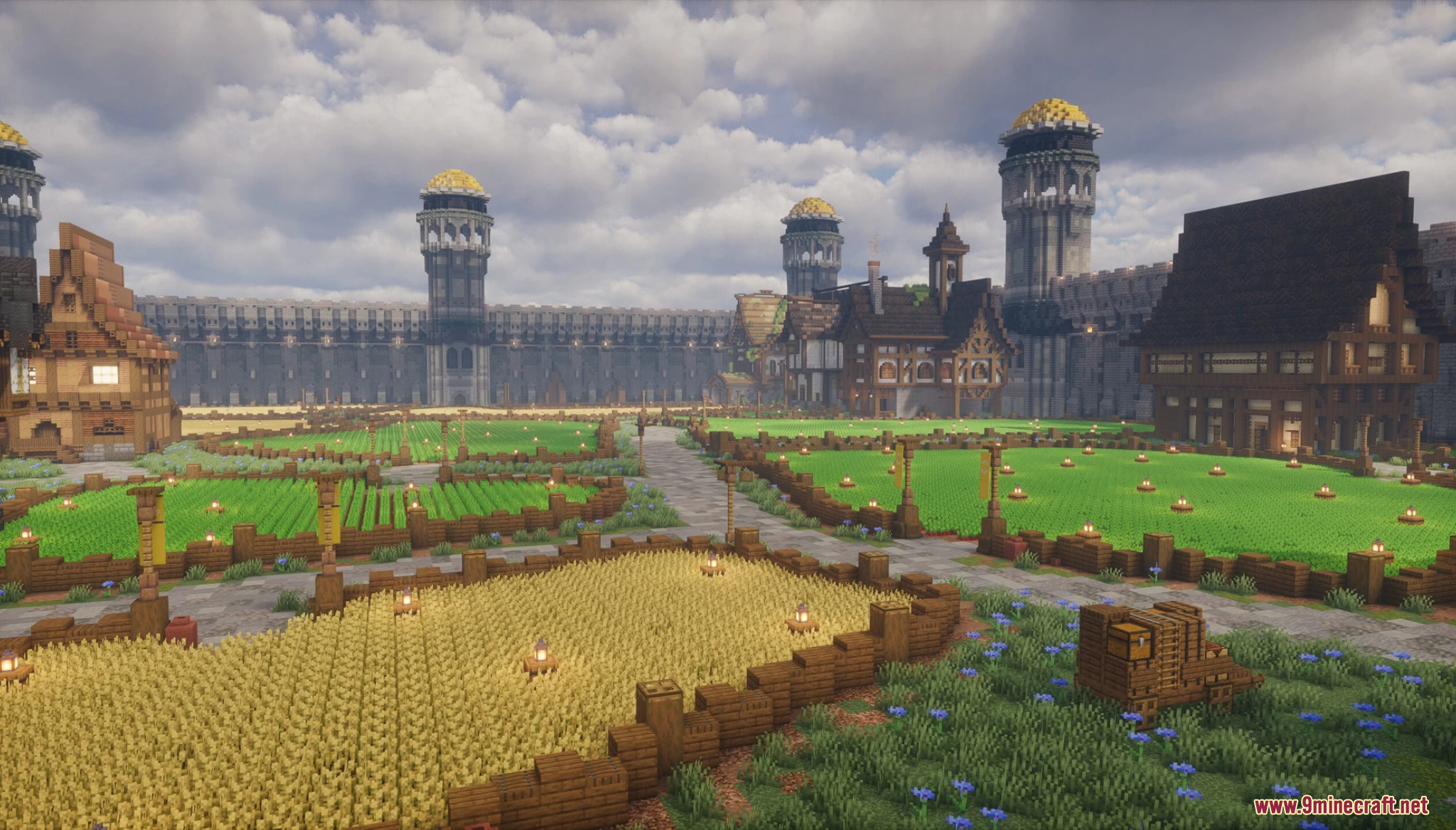 Expansive farmlands and wheat fields outside the city walls
