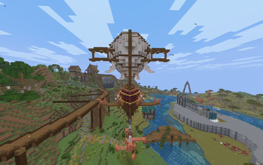 Front view of a medieval airship flying over a river and bridge