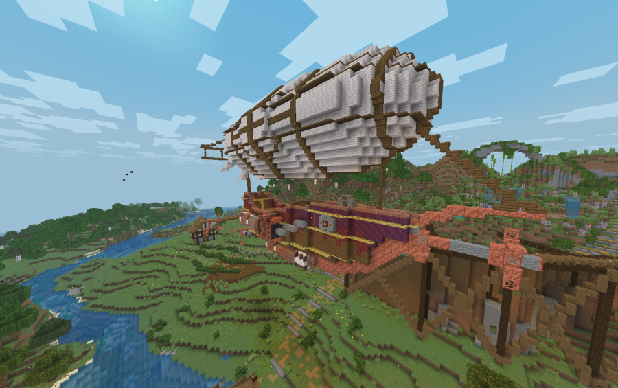 Side view of a medieval airship featuring a white balloon and wooden hull