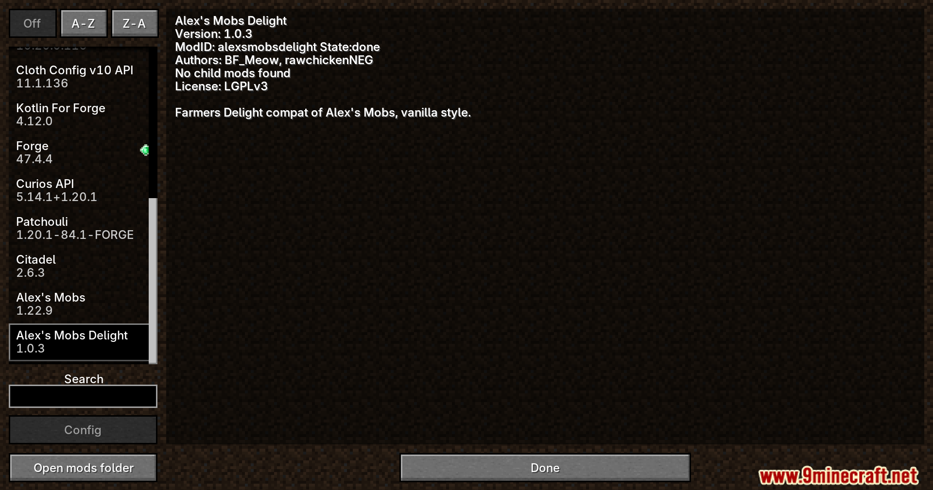 Alexs Mobs Delight Mod Screenshot 1 Mod list showing Alexs Mobs Delight installed alongside other mods