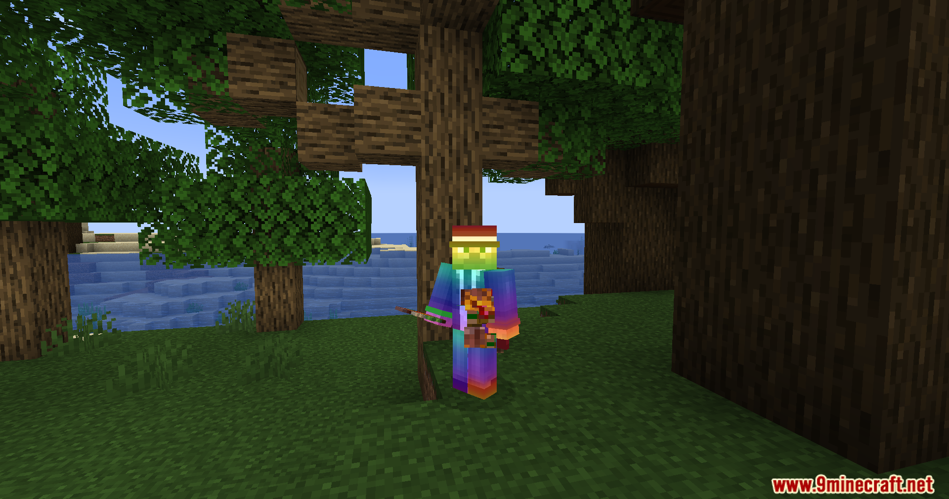 Alexs Mobs Delight Mod Screenshot 11 Player character holding a delicious food skewer in the woods