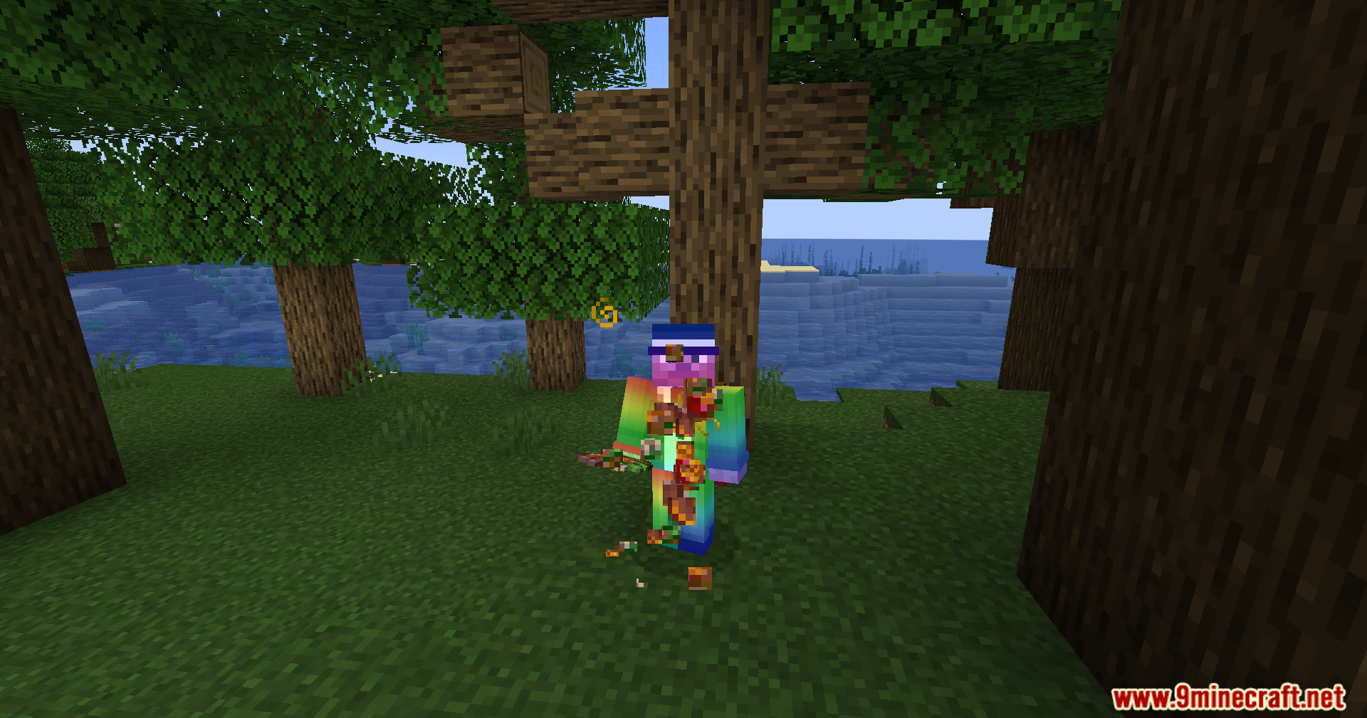 Alexs Mobs Delight Mod Screenshot 12 Player character eating the food skewer with visible crumb particles