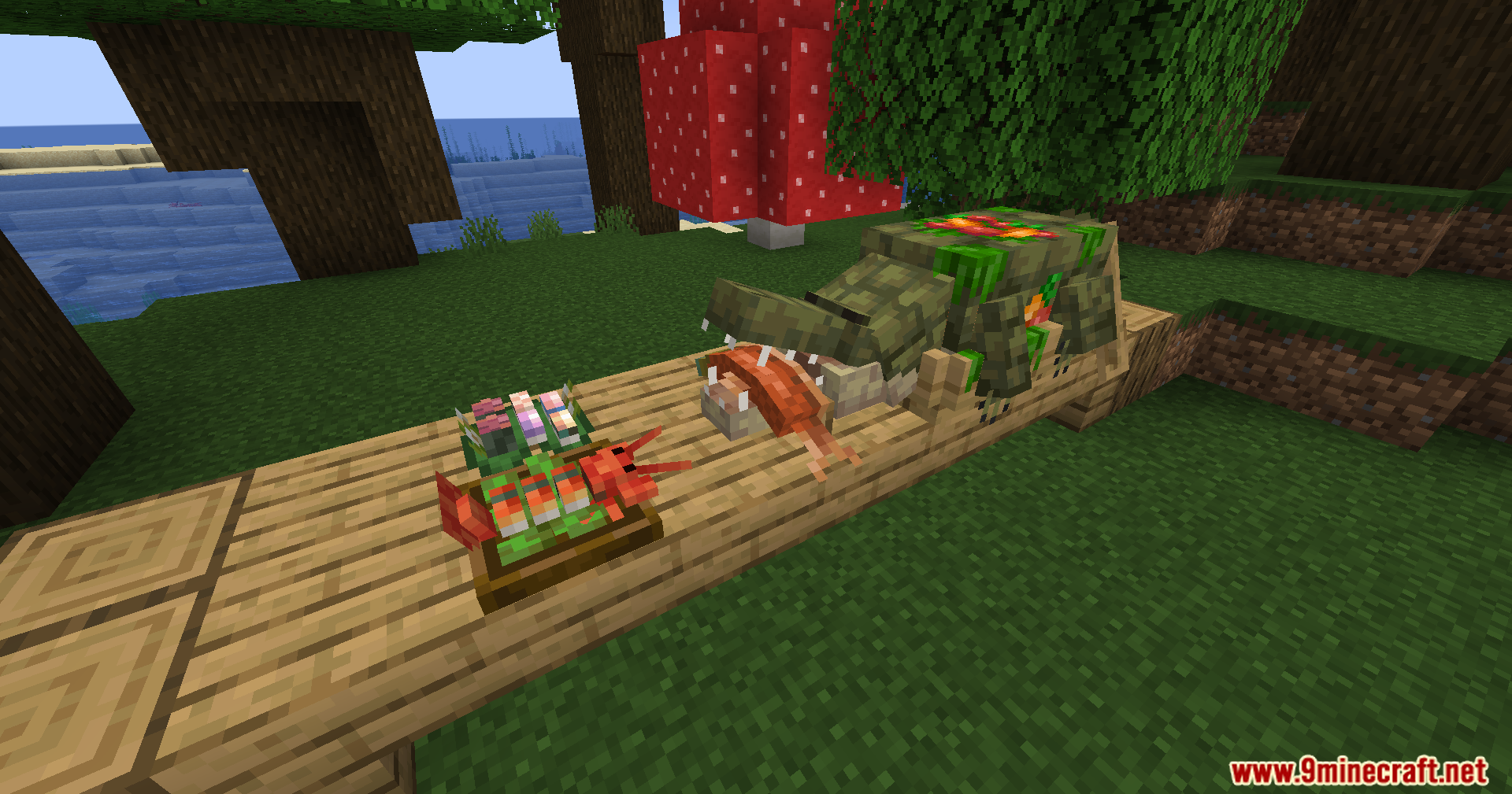 Alexs Mobs Delight Mod Screenshot 3 A crocodile eating a cooked lobster on a wooden table
