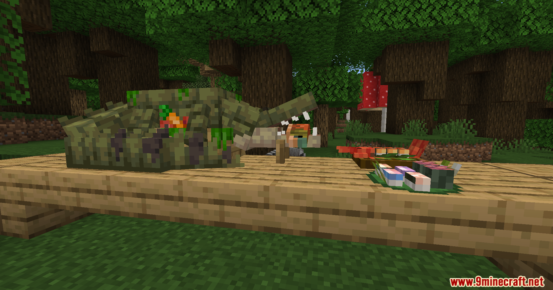 Alexs Mobs Delight Mod Screenshot 6 Crocodile feast and sushi on a wooden table