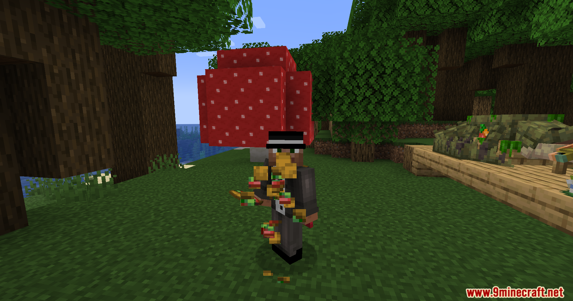 Alexs Mobs Delight Mod Screenshot 7 Player eating a burger with particle effects in Minecraft
