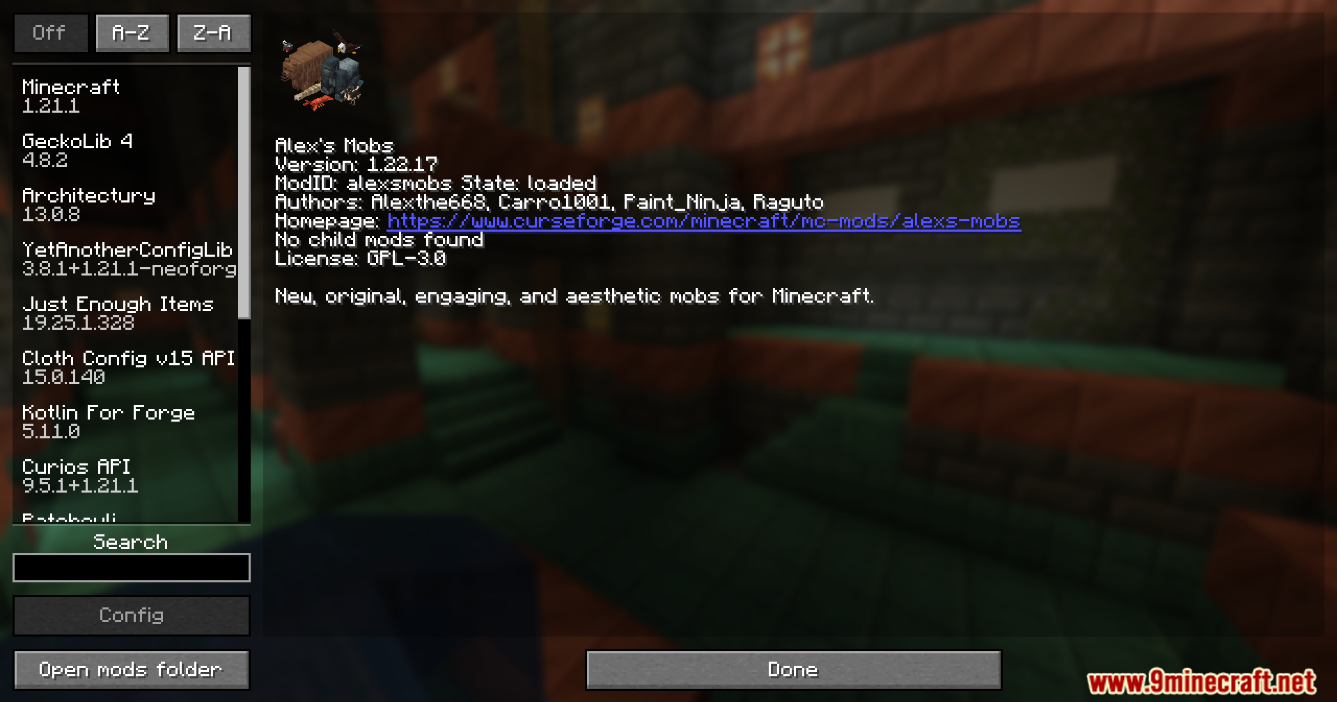 Alex's Mobs Unofficial Port Mod Screenshot 1 Mod list menu showing Alex's Mobs details and version information