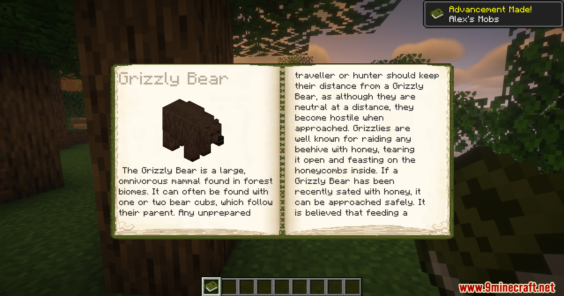 Alex's Mobs Unofficial Port Mod Screenshot 3 Open guide book displaying information and a model of a Grizzly Bear