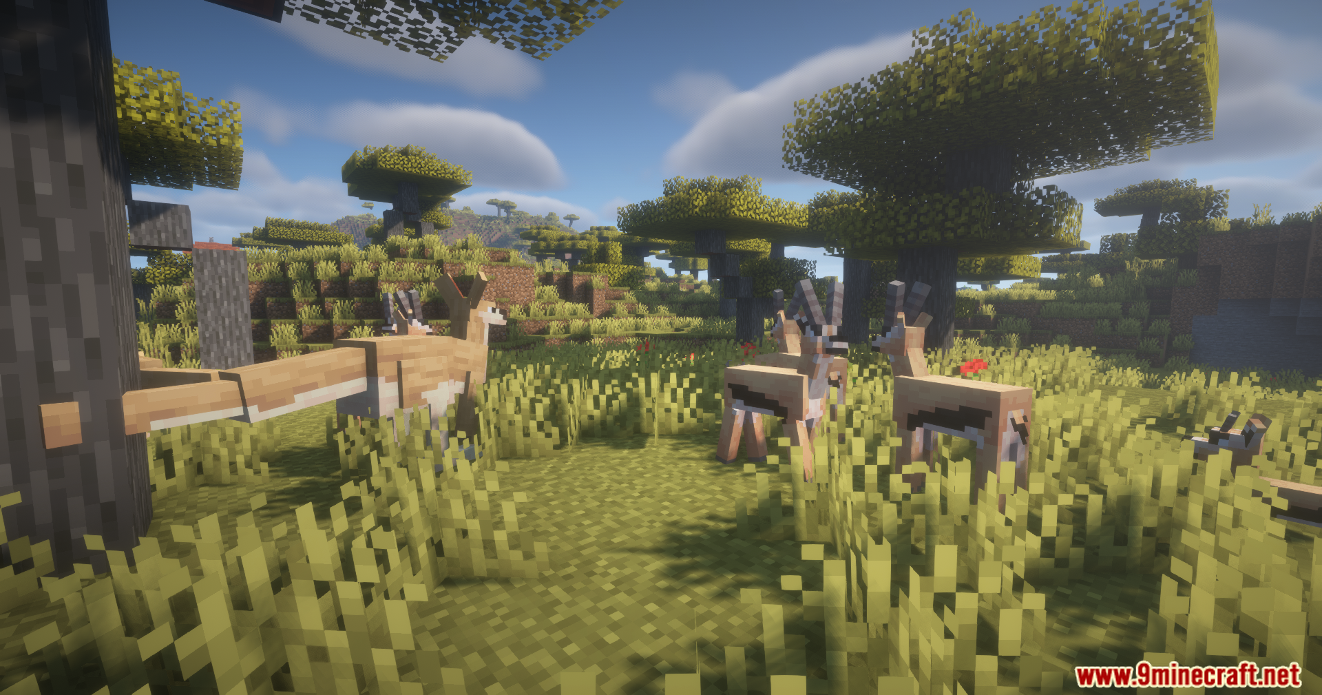 Alex's Mobs Unofficial Port Mod Screenshot 9 Several gazelles grazing in a grassy savanna biome under trees