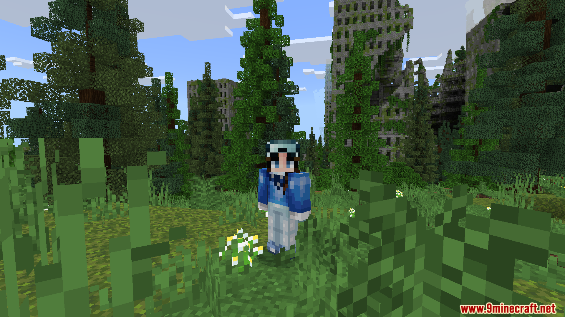 A custom character skin wearing a blue jacket and white hat