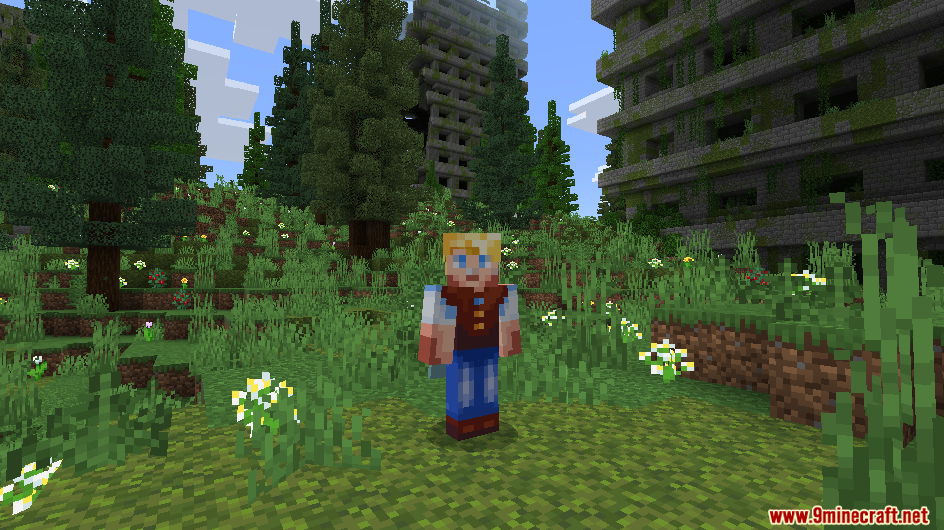 A player character with blonde hair wearing a custom vest outfit