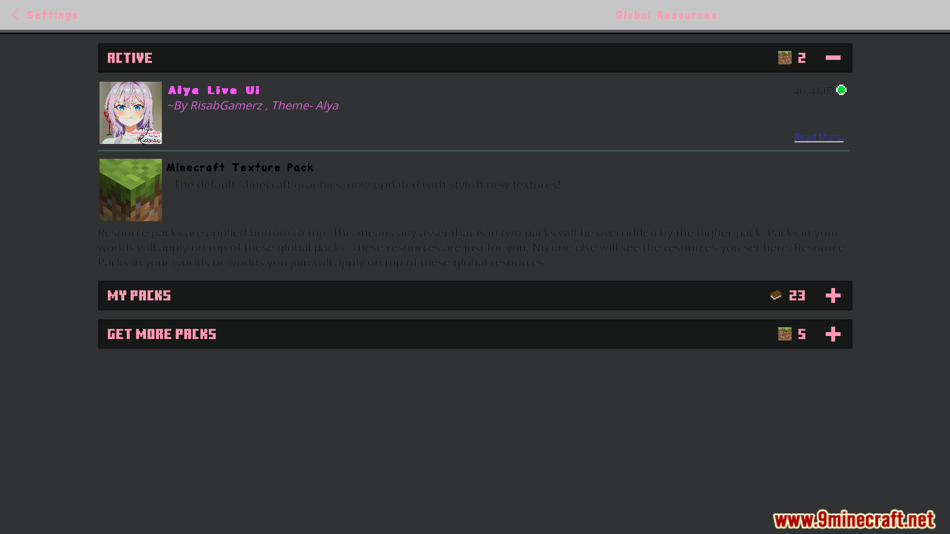 Alya UI Texture Pack Screenshot 2 Alya UI Texture Pack settings menu with a bright pink and red theme