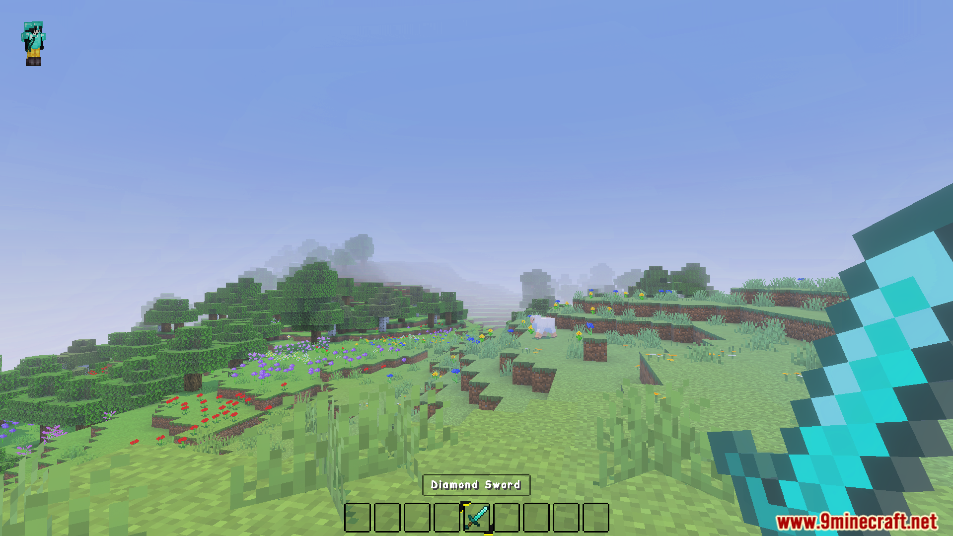 Alya UI Texture Pack Screenshot 9 first person view showing clear transparent hotbar and diamond sword