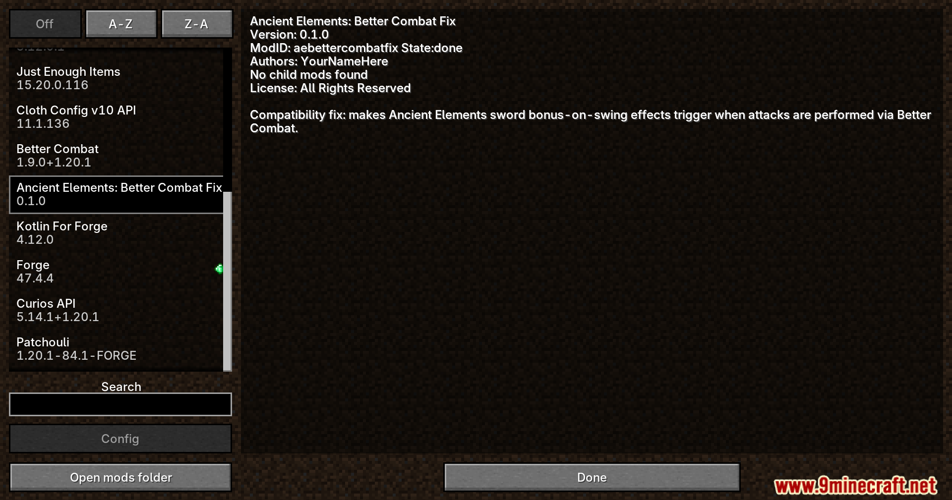 Ancient Elements Better Combat Fix mod in the mods list