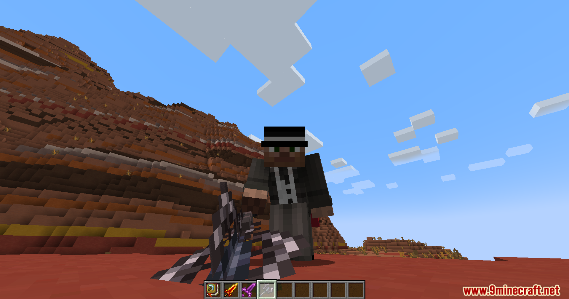 A character in a suit holding a unique sword