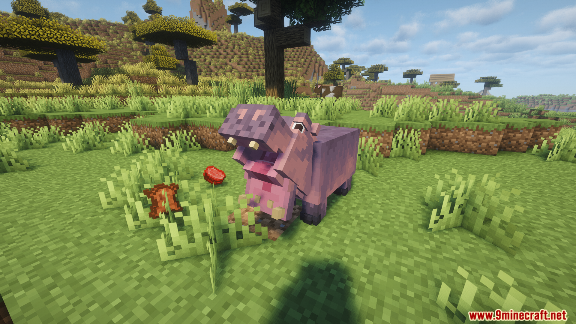 Animal Garden Hippopotamus Mod Screenshot 10 A purple hippo with its mouth open in a savanna
