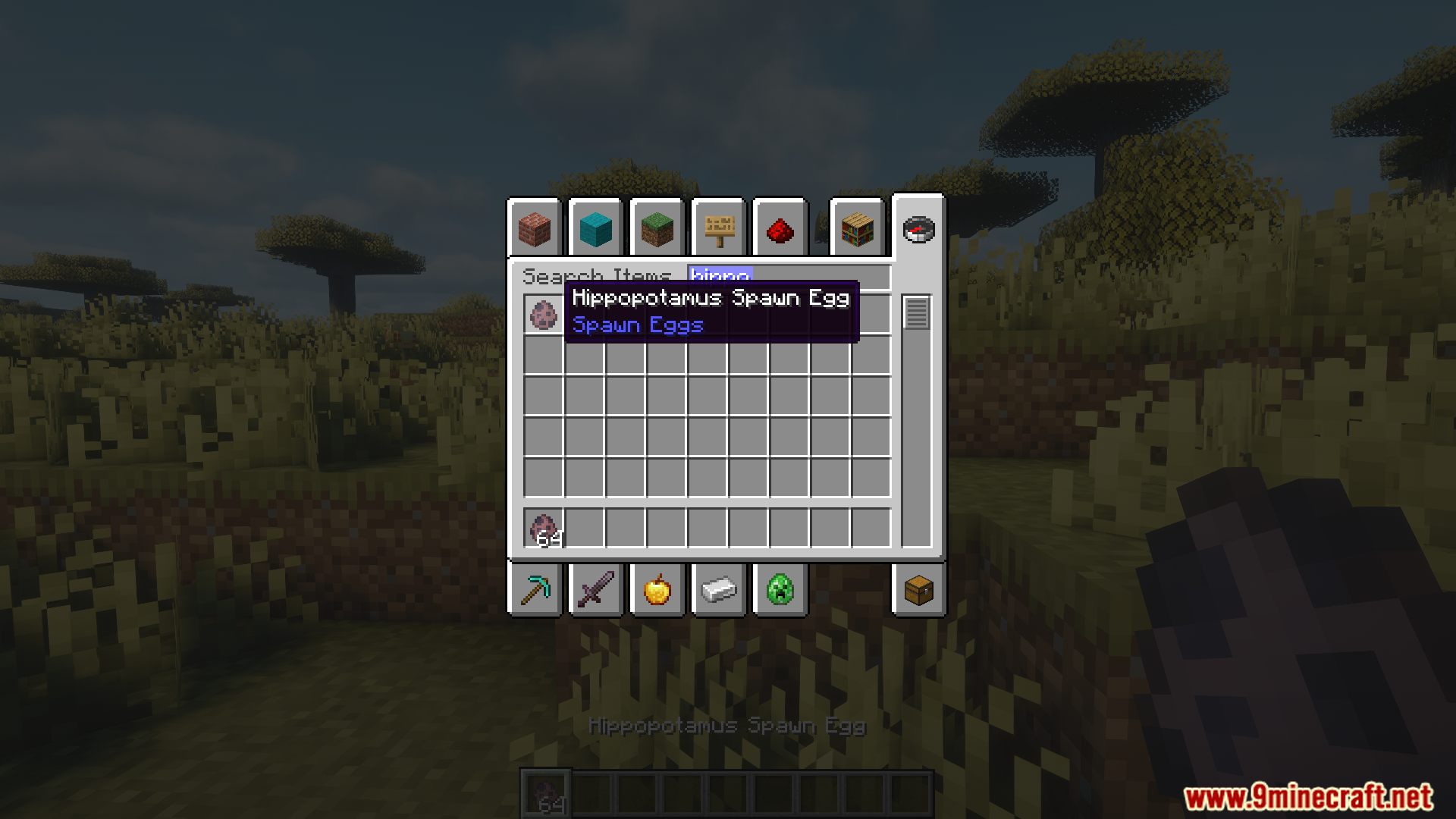 Animal Garden Hippopotamus Mod Screenshot 2 Searching for the Hippopotamus Spawn Egg in the inventory