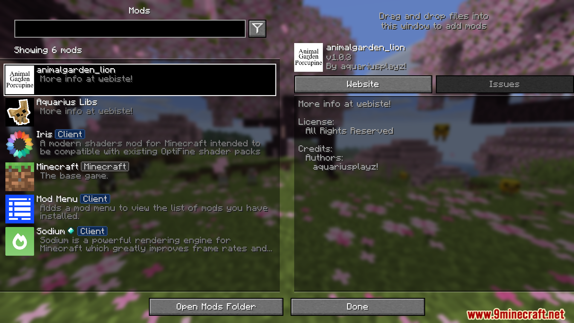 Animal Garden Lion mod in the Minecraft mods menu