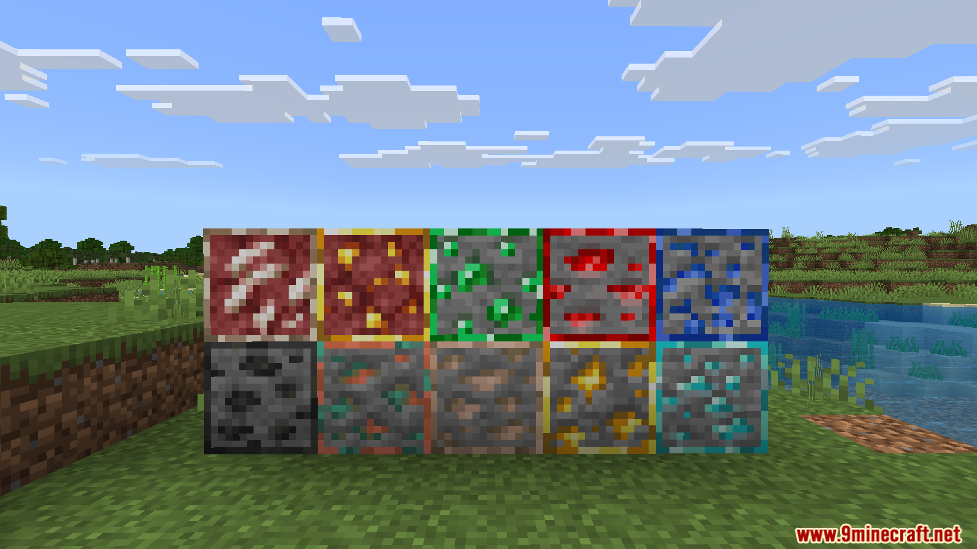 All standard ore blocks with bright glowing effects and animations