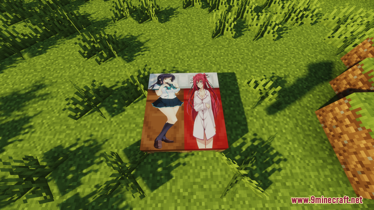 A double bed with custom anime character textures on grass