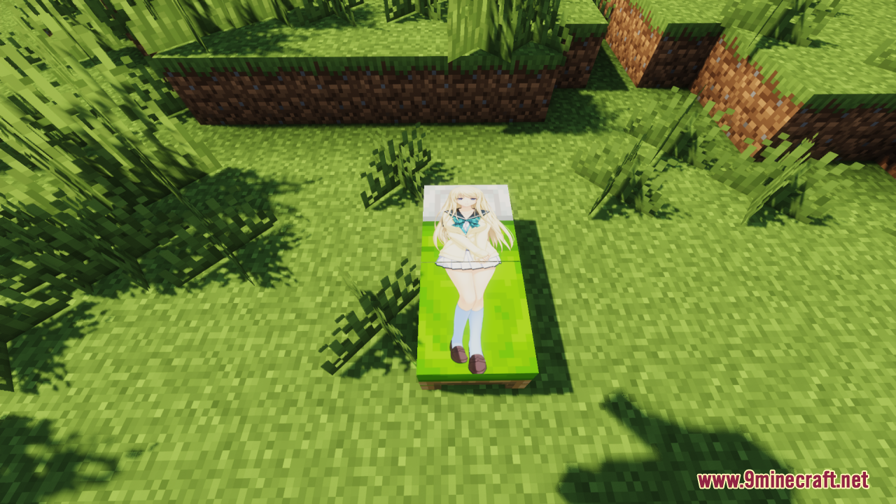 A single green bed with a custom anime girl design