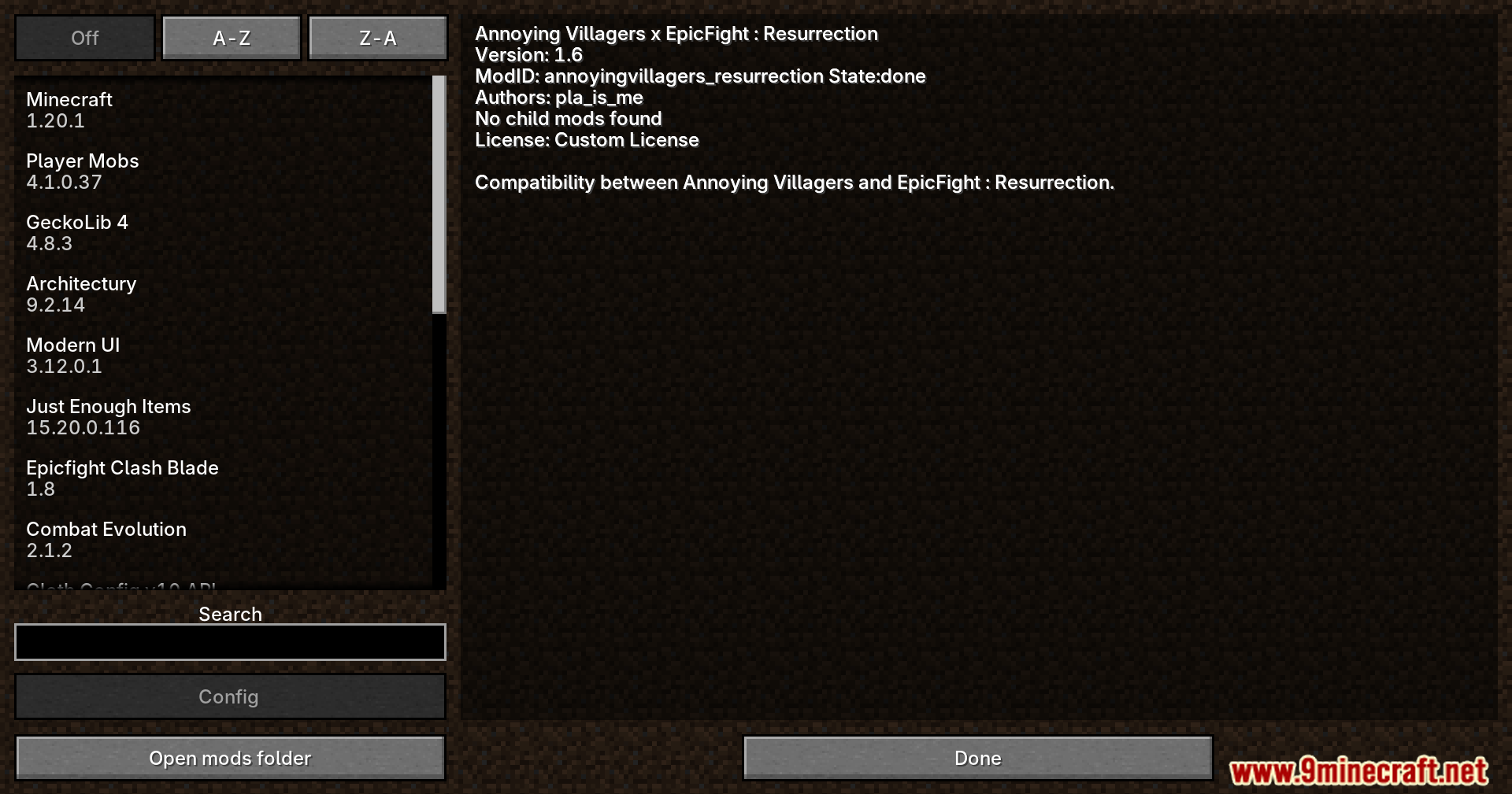Annoying Villagers X Epicfight Resurrection Mod Screenshot 1 Mod menu showing Annoying Villagers x EpicFight Resurrection compatibility details