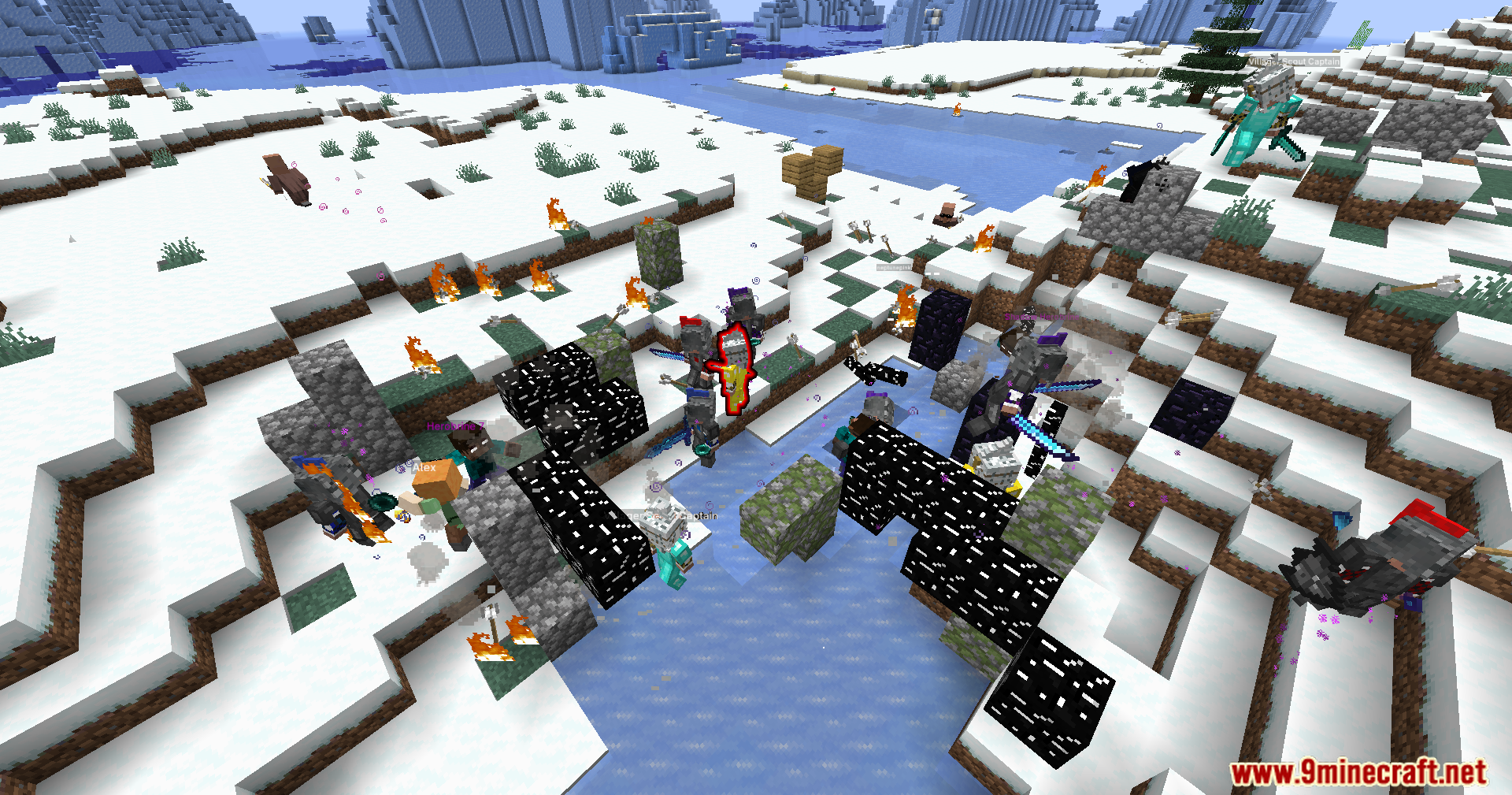 Annoying Villagers X Epicfight Resurrection Mod Screenshot 10 Chaotic fight scene with scattered obsidian blocks in a snowy winter biome