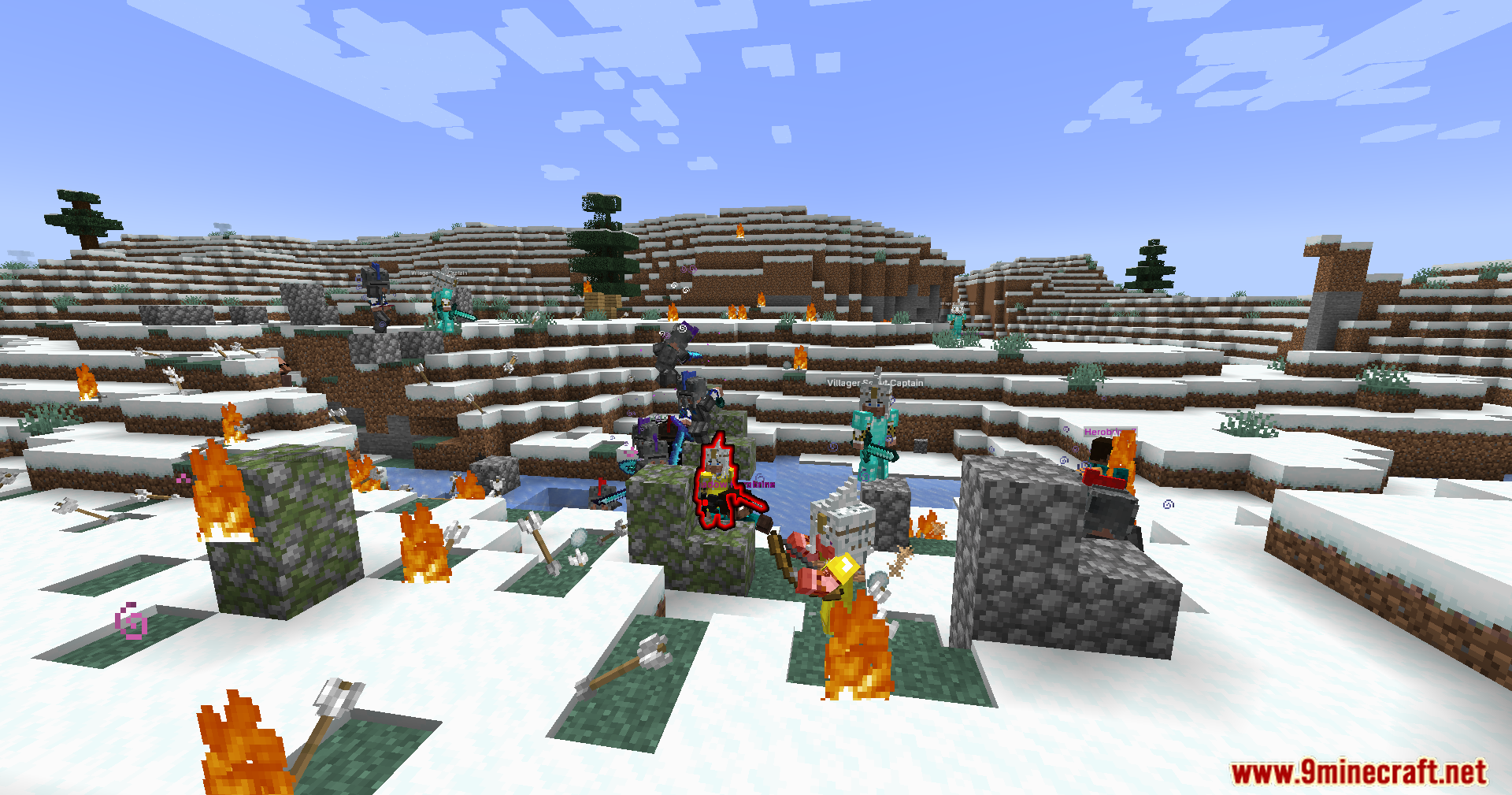 Annoying Villagers X Epicfight Resurrection Mod Screenshot 11 Armored characters engaged in chaotic battle with custom weapons in a snowy landscape