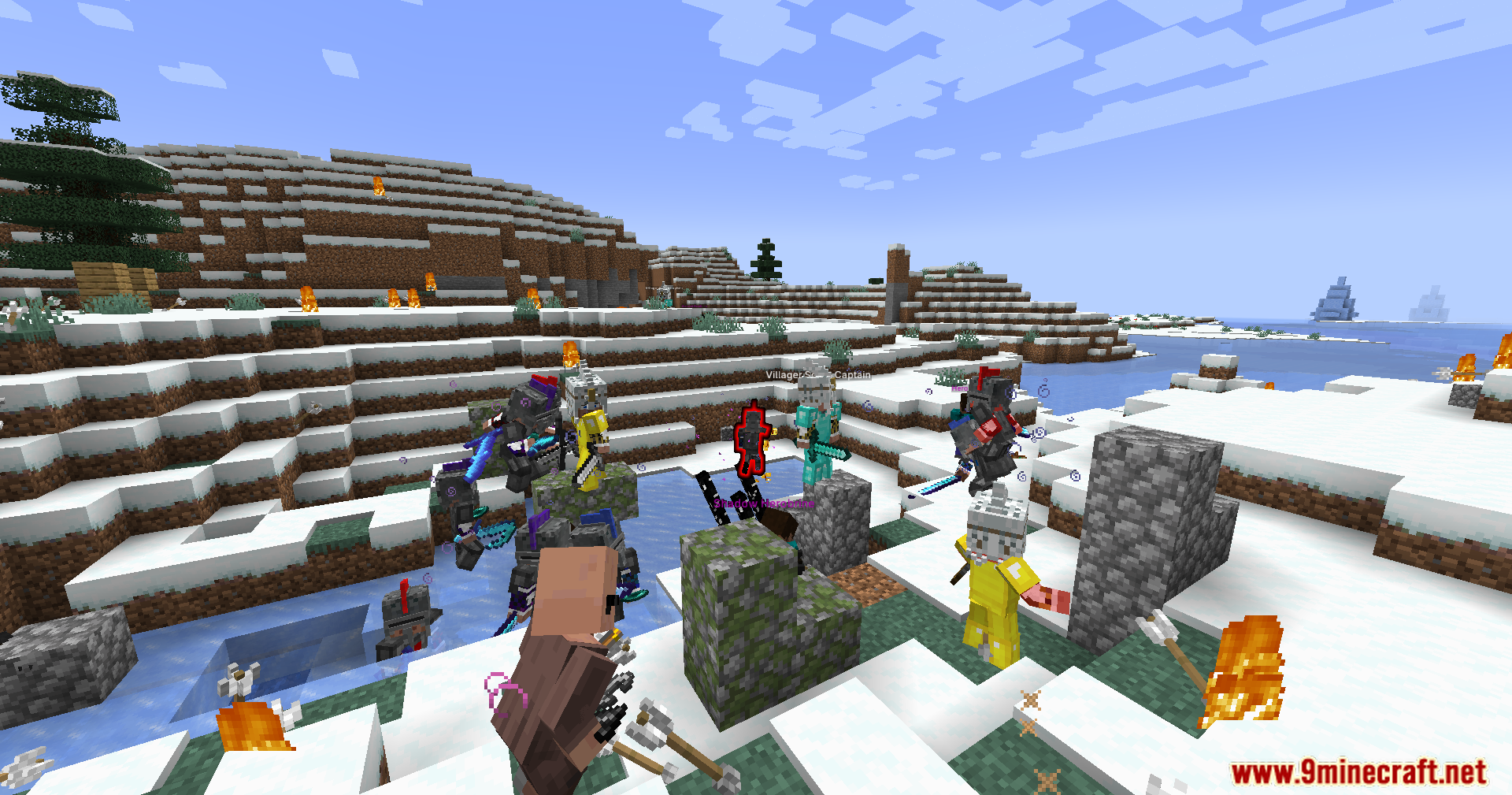 Annoying Villagers X Epicfight Resurrection Mod Screenshot 12 Group of heavily armored mobs fighting with custom swords in a snowy area