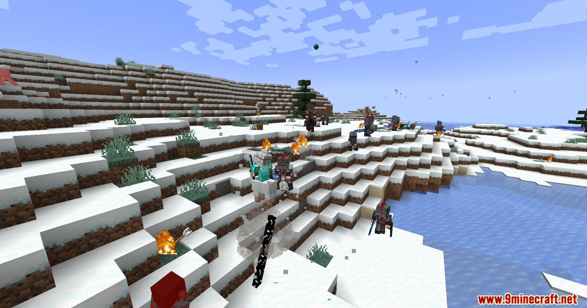 Annoying Villagers X Epicfight Resurrection Mod Screenshot 2 Villagers and pillagers fighting in a snowy landscape with weapons