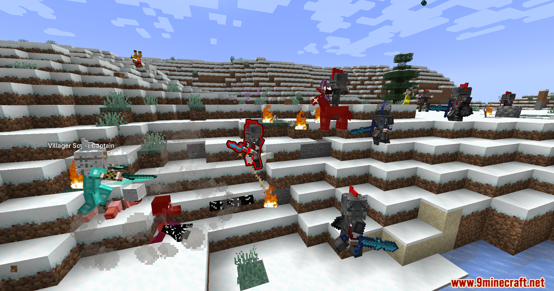 Annoying Villagers X Epicfight Resurrection Mod Screenshot 3 Armored villagers fighting in a snowy biome with custom swords and fire