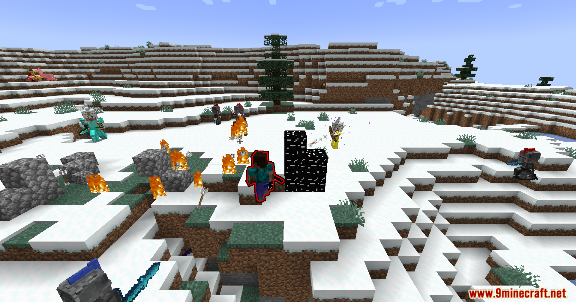 Annoying Villagers X Epicfight Resurrection Mod Screenshot 4 Player fighting armored villager mobs in a snowy area with fire and arrows