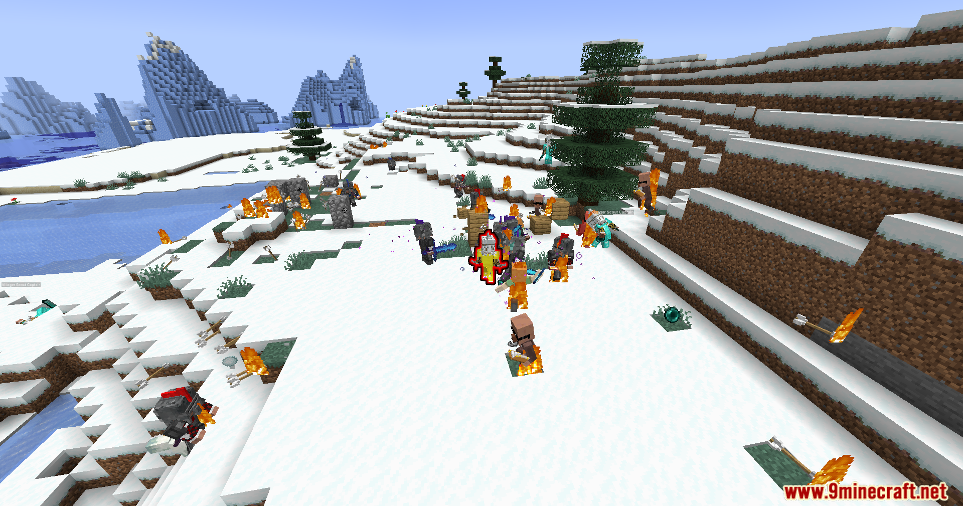 Annoying Villagers X Epicfight Resurrection Mod Screenshot 5 Epic battle between armored NPCs and villagers in a snowy biome with fire