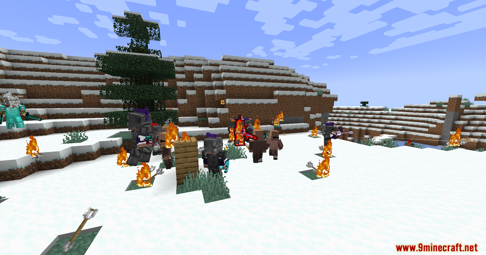 Annoying Villagers X Epicfight Resurrection Mod Screenshot 6 Armored characters fighting villagers with advanced combat moves in a snowy environment