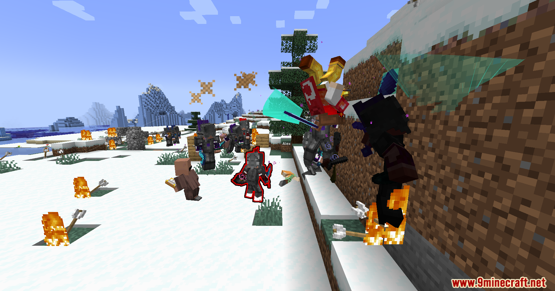 Annoying Villagers X Epicfight Resurrection Mod Screenshot 7 Armored characters perform custom combat moves during a chaotic snowy biome battle
