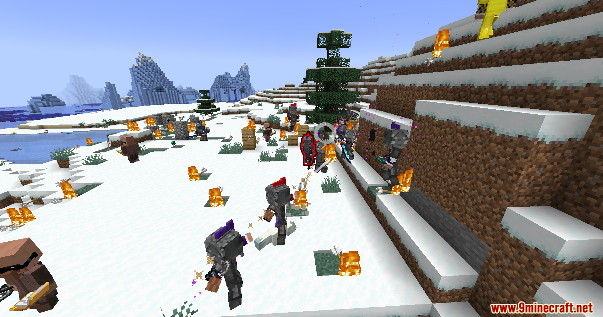 Annoying Villagers X Epicfight Resurrection Mod Screenshot 8 Armored NPCs with custom weapons fight in a snowy biome filled with fire